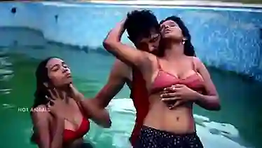 Husband Fucks his Wife and Friend in Pool in Threesome