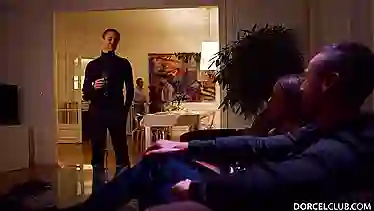 Dirty minded babe got under the table and gave a blowjob to her handsome man