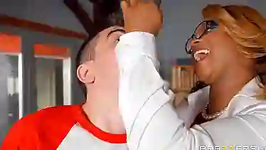 Kinky ebony milf, Jasmine Webb, is getting fucked by her student’s big white cock in her office